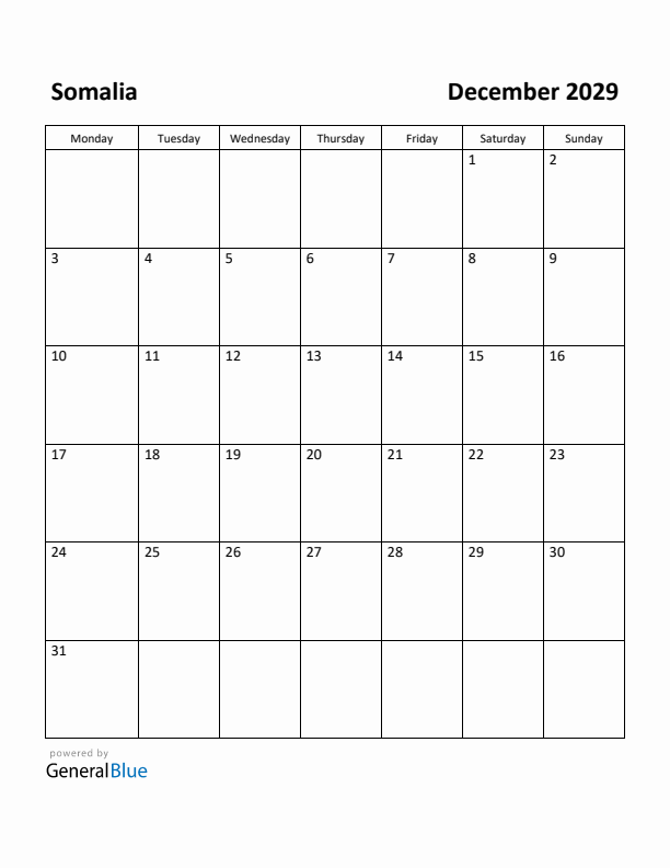 December 2029 Calendar with Somalia Holidays