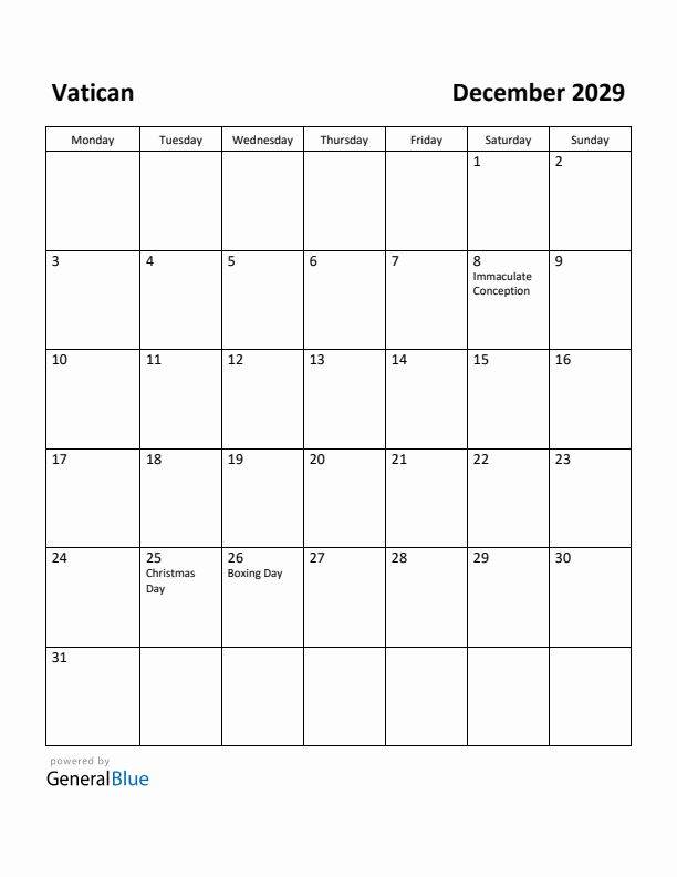 December 2029 Calendar with Vatican Holidays