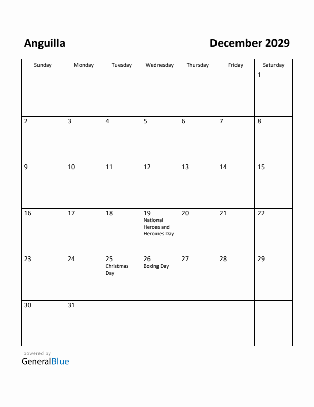 December 2029 Calendar with Anguilla Holidays