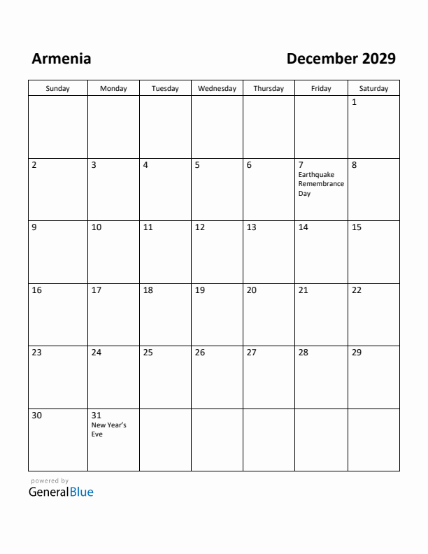 December 2029 Calendar with Armenia Holidays