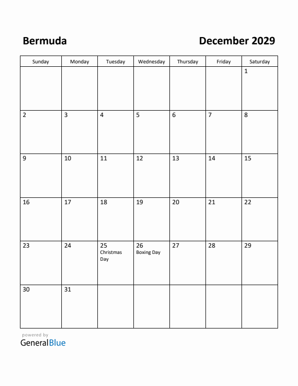 December 2029 Calendar with Bermuda Holidays