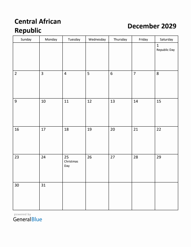 December 2029 Calendar with Central African Republic Holidays