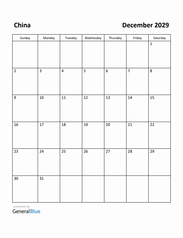 December 2029 Calendar with China Holidays