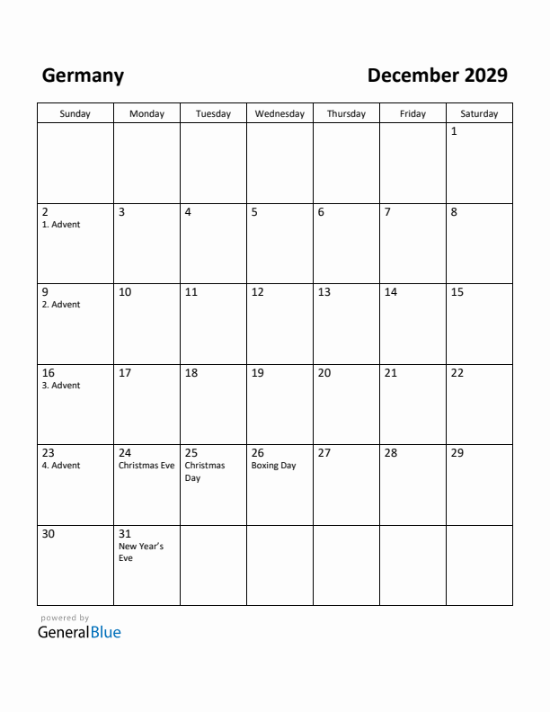 December 2029 Calendar with Germany Holidays