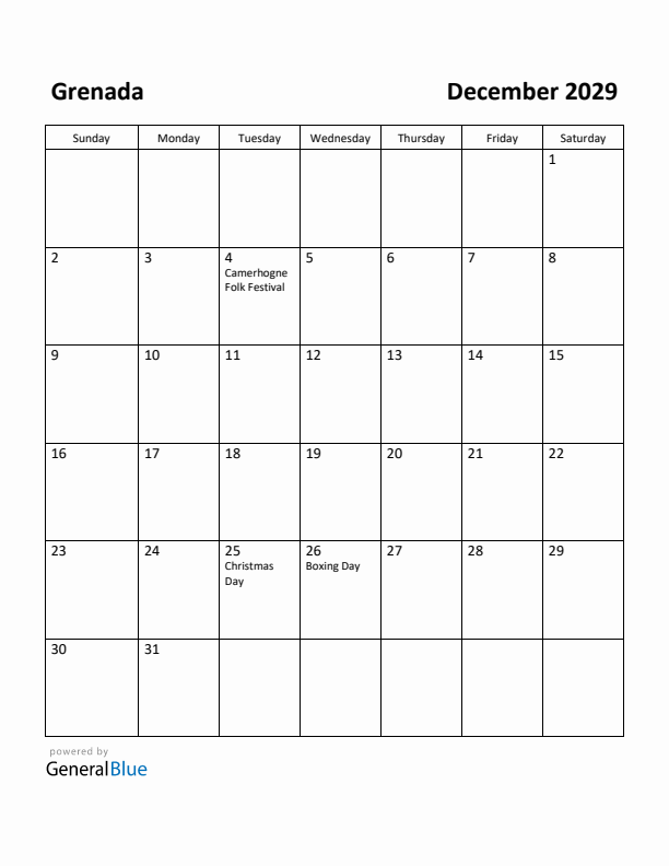 December 2029 Calendar with Grenada Holidays