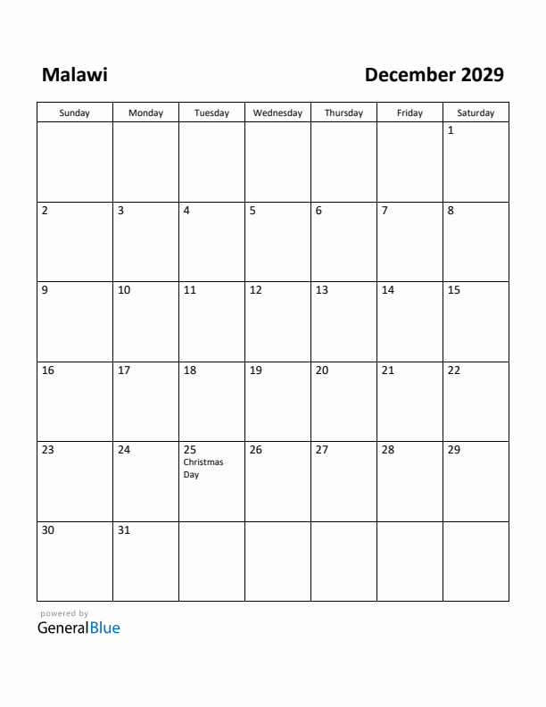 December 2029 Calendar with Malawi Holidays