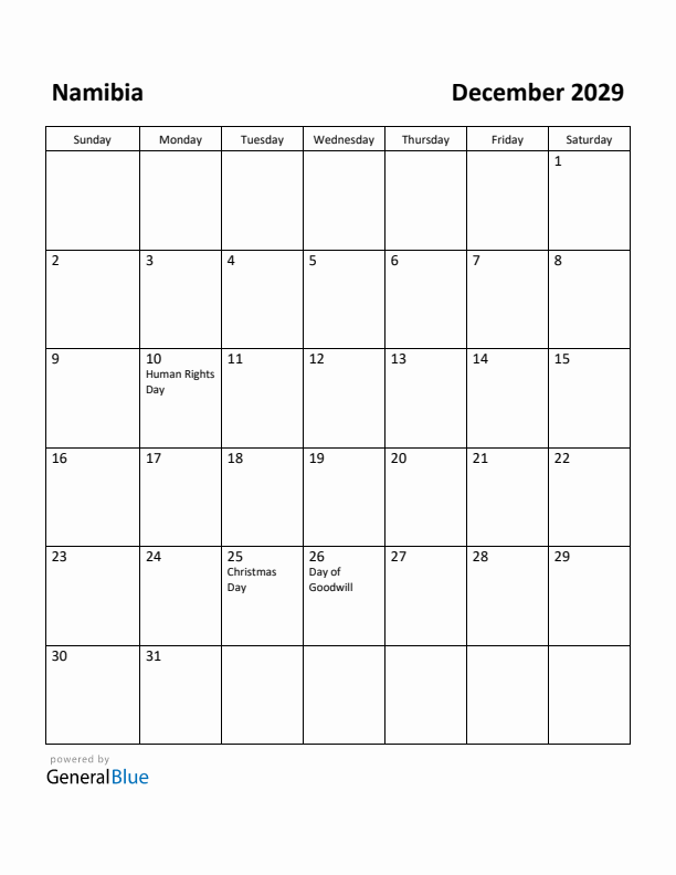 December 2029 Calendar with Namibia Holidays