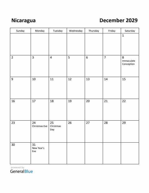 December 2029 Calendar with Nicaragua Holidays