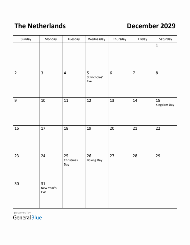 December 2029 Calendar with The Netherlands Holidays