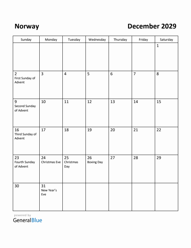 December 2029 Calendar with Norway Holidays