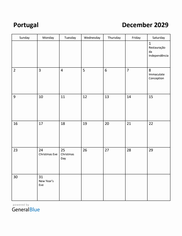 December 2029 Calendar with Portugal Holidays