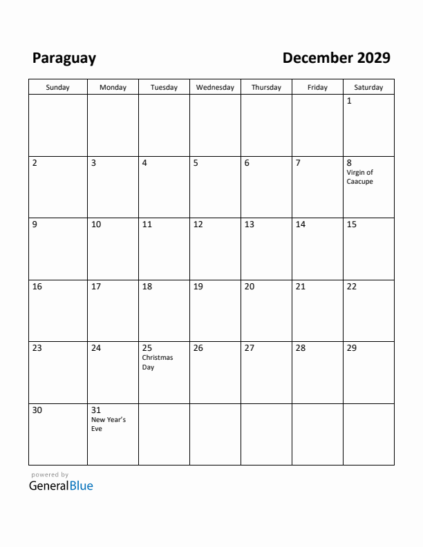 December 2029 Calendar with Paraguay Holidays