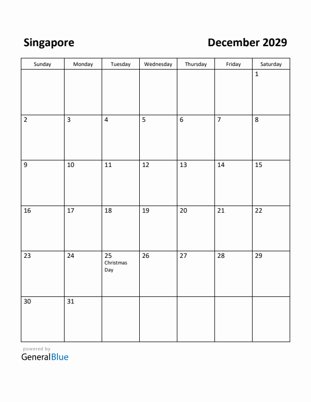 December 2029 Calendar with Singapore Holidays