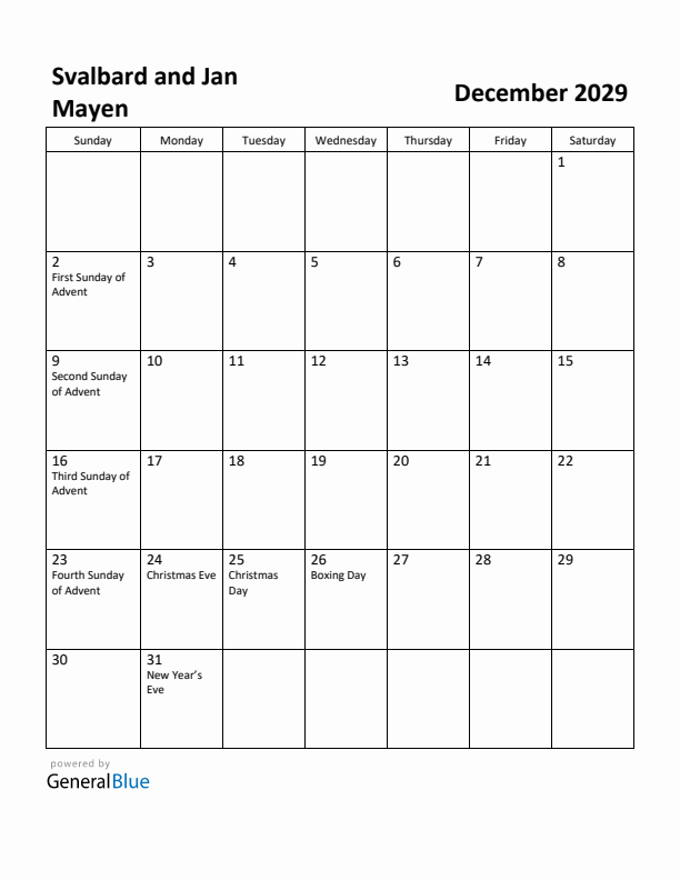 December 2029 Calendar with Svalbard and Jan Mayen Holidays