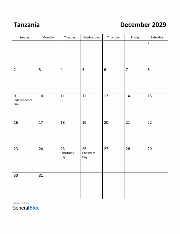 December 2029 Calendar with Tanzania Holidays