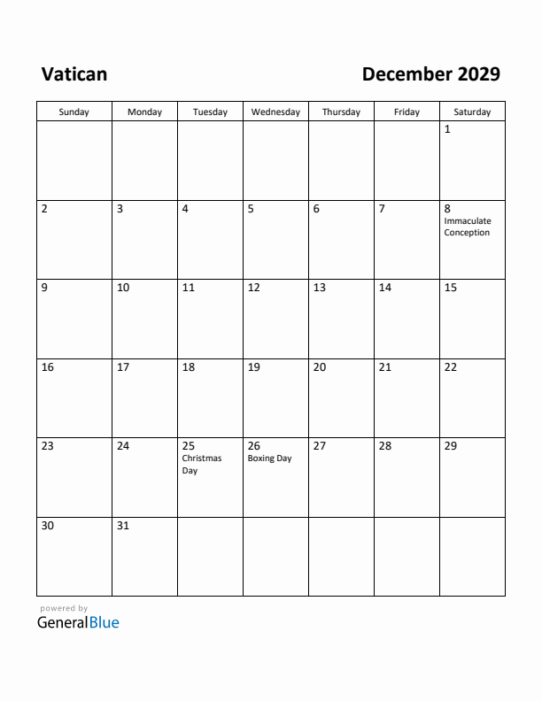 December 2029 Calendar with Vatican Holidays