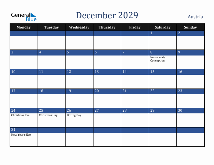 December 2029 Austria Calendar (Monday Start)