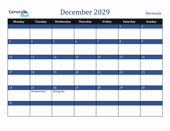 December 2029 Bermuda Calendar (Monday Start)