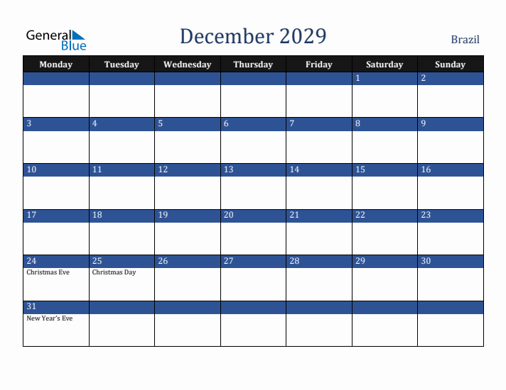 December 2029 Brazil Calendar (Monday Start)