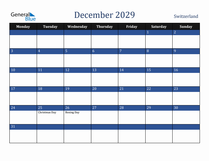 December 2029 Switzerland Calendar (Monday Start)