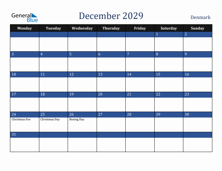 December 2029 Denmark Calendar (Monday Start)