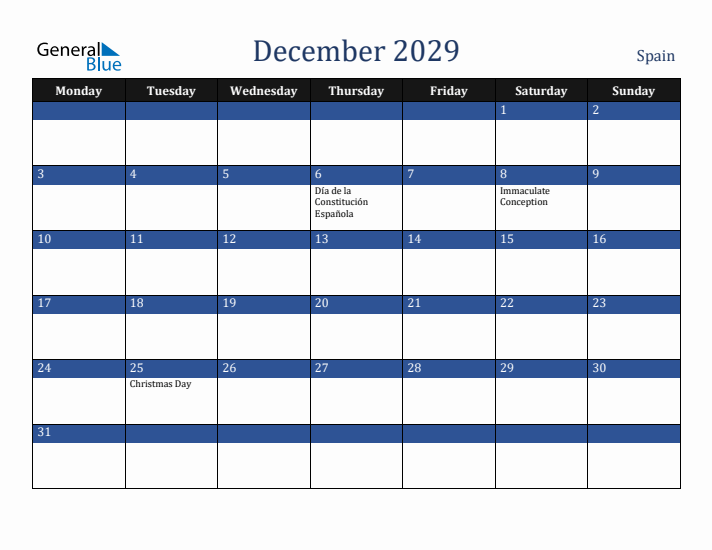 December 2029 Spain Calendar (Monday Start)