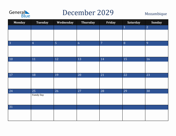 December 2029 Mozambique Calendar (Monday Start)