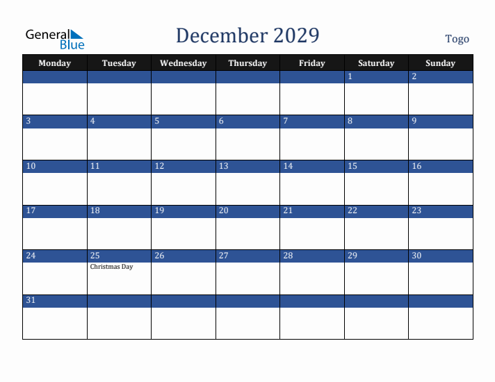 December 2029 Togo Calendar (Monday Start)