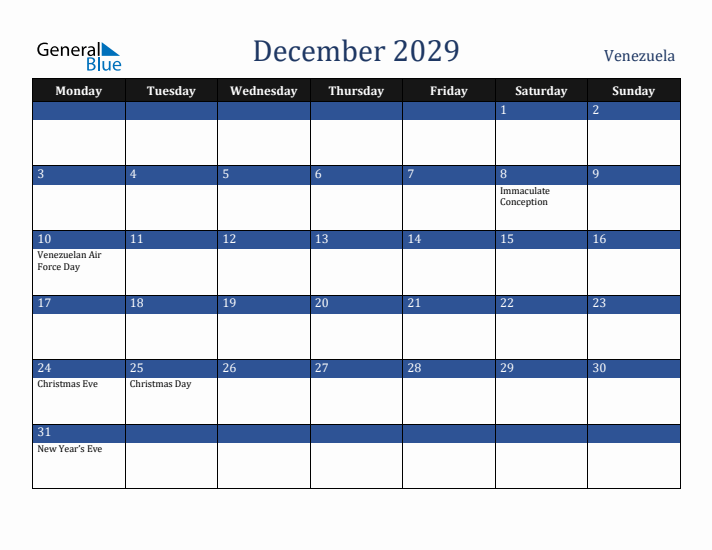 December 2029 Venezuela Calendar (Monday Start)