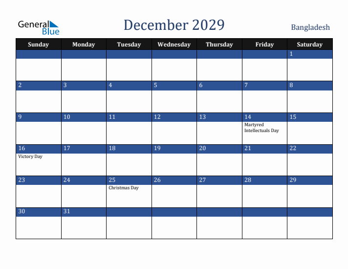 December 2029 Bangladesh Calendar (Sunday Start)