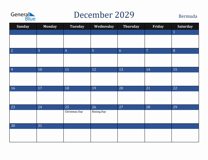 December 2029 Bermuda Calendar (Sunday Start)