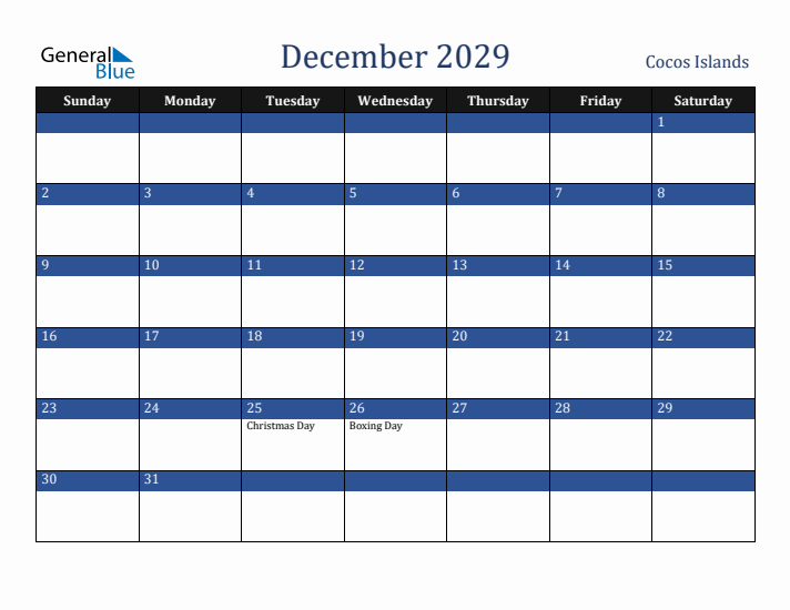 December 2029 Cocos Islands Calendar (Sunday Start)