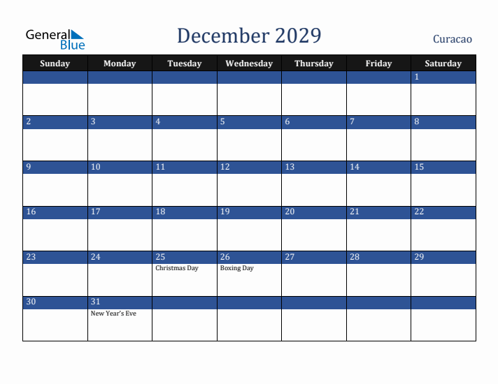 December 2029 Curacao Calendar (Sunday Start)