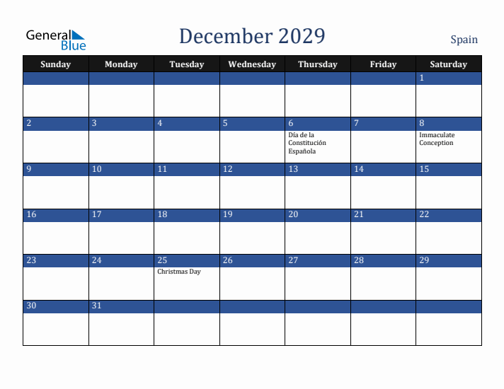 December 2029 Spain Calendar (Sunday Start)