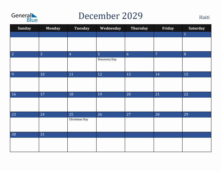 December 2029 Haiti Calendar (Sunday Start)