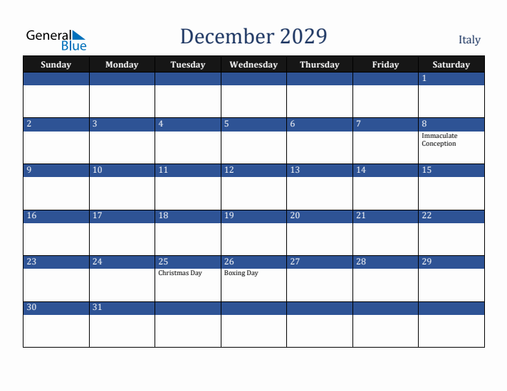 December 2029 Italy Calendar (Sunday Start)