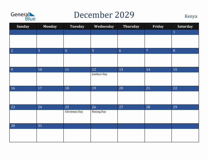 December 2029 Kenya Calendar (Sunday Start)