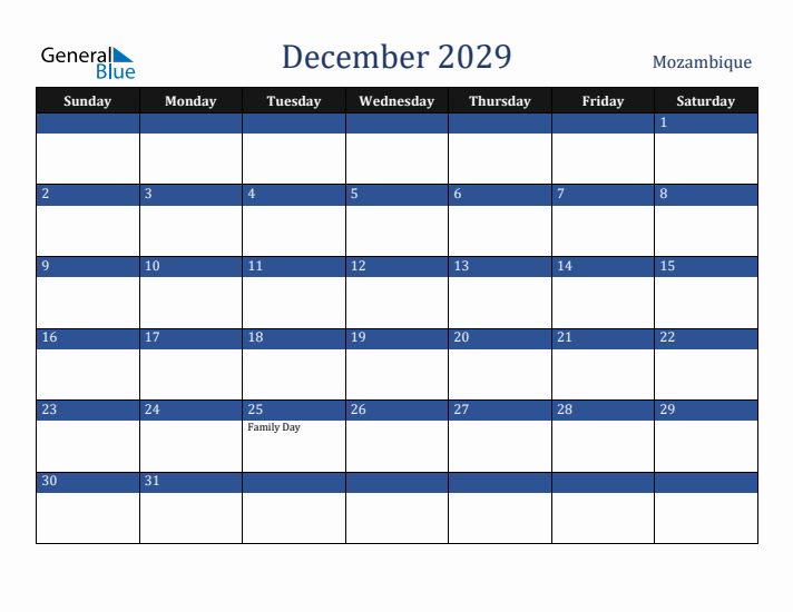 December 2029 Mozambique Calendar (Sunday Start)