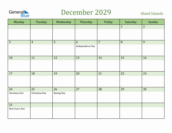 December 2029 Calendar with Aland Islands Holidays