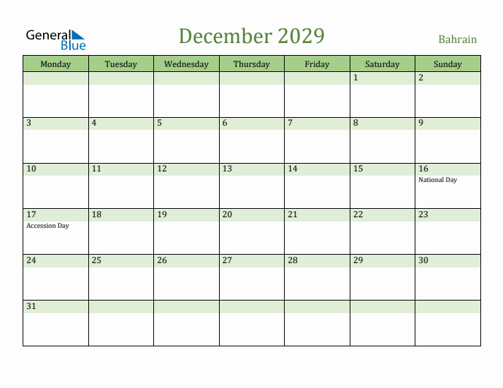 December 2029 Calendar with Bahrain Holidays