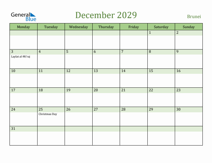 December 2029 Calendar with Brunei Holidays