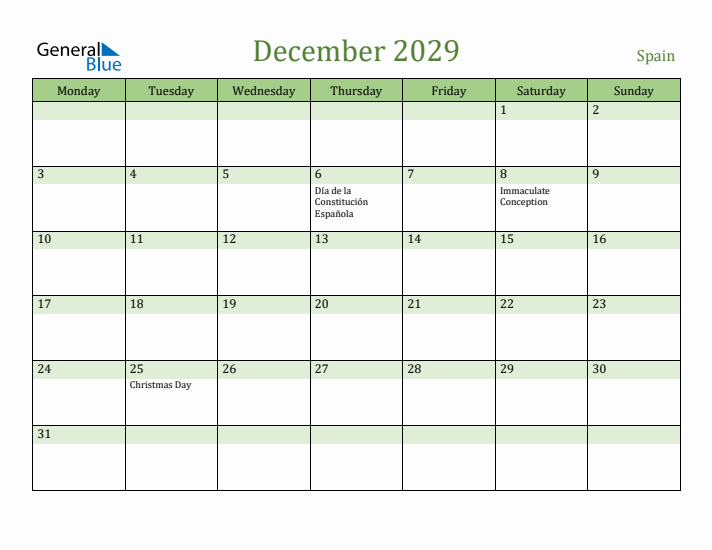 December 2029 Calendar with Spain Holidays