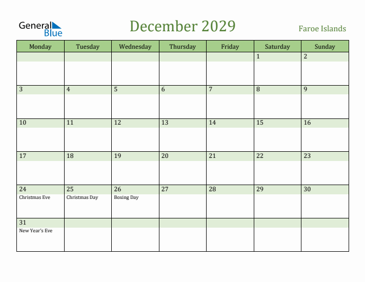 December 2029 Calendar with Faroe Islands Holidays