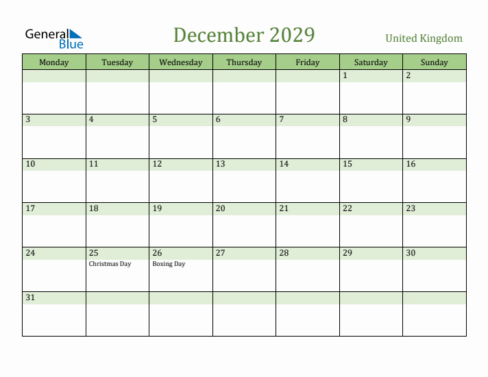 December 2029 Calendar with United Kingdom Holidays