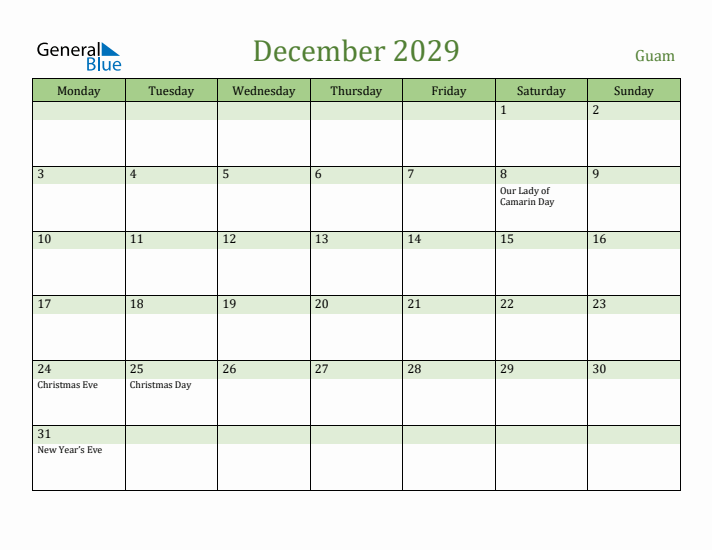 December 2029 Calendar with Guam Holidays