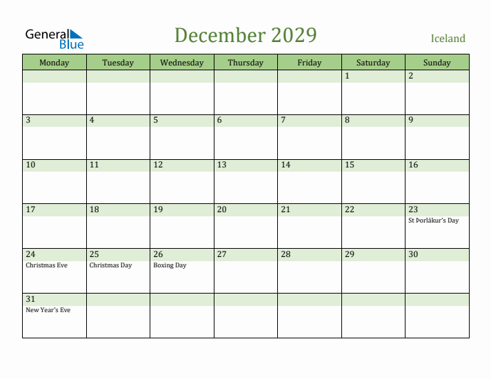 December 2029 Calendar with Iceland Holidays