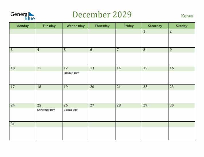 December 2029 Calendar with Kenya Holidays