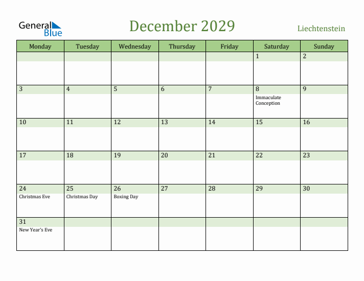 December 2029 Calendar with Liechtenstein Holidays