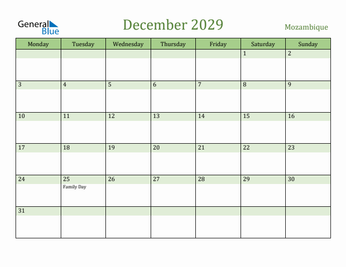 December 2029 Calendar with Mozambique Holidays