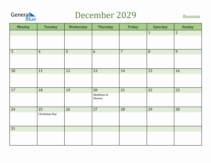 December 2029 Calendar with Reunion Holidays